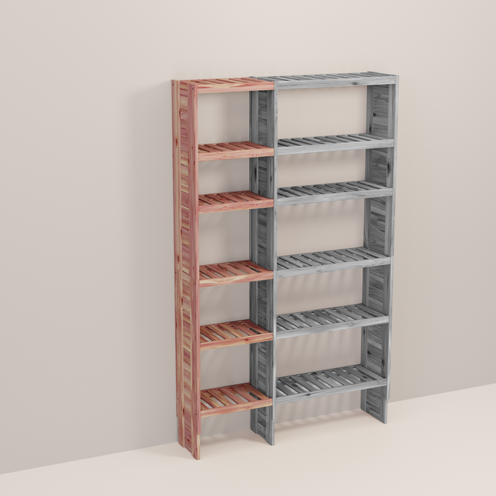 A wooden closet organizer add-on kit with multiple shelves, made from aromatic red cedar, with a natural finish.
