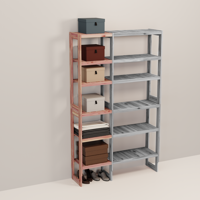 A wooden closet organizer add-on kit with multiple shelves, made from aromatic red cedar, with a natural finish.
