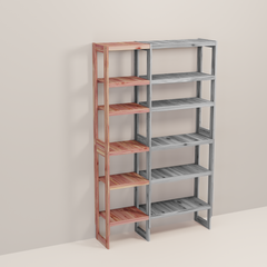 A wooden closet organizer add-on kit with multiple shelves, made from aromatic red cedar, with a natural finish.
