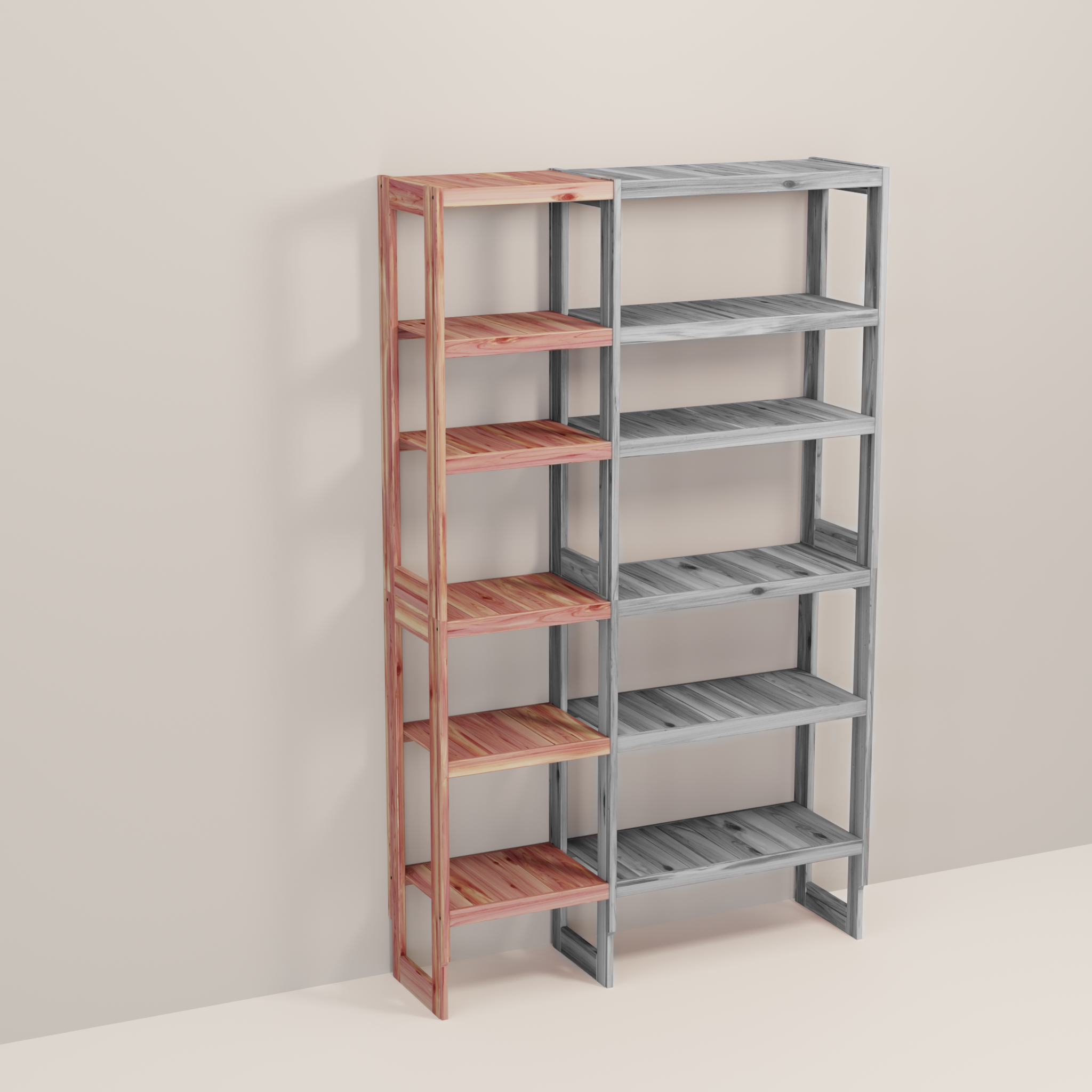 A wooden closet organizer add-on kit with multiple shelves, made from aromatic red cedar, with a natural finish.
