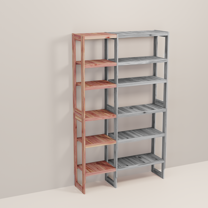 A wooden closet organizer add-on kit with multiple shelves, made from aromatic red cedar, with a natural finish.