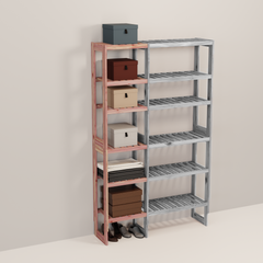 A wooden closet organizer add-on kit with multiple shelves, made from aromatic red cedar, with a natural finish.