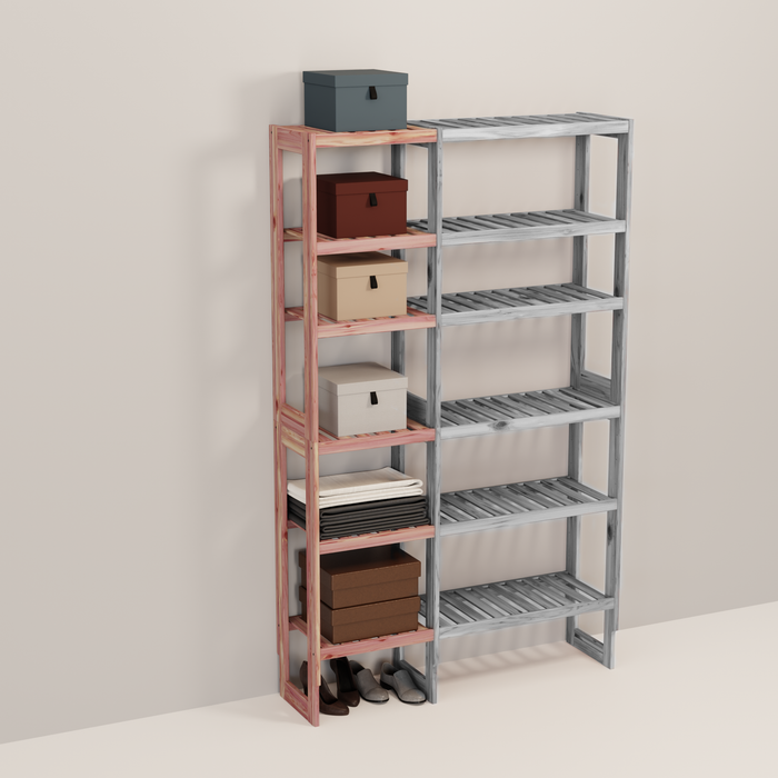 A wooden closet organizer add-on kit with multiple shelves, made from aromatic red cedar, with a natural finish.