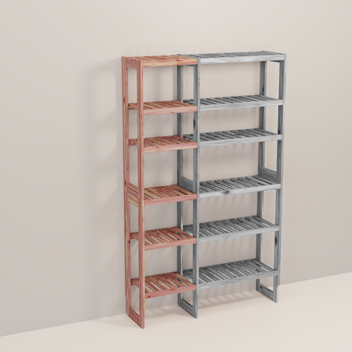 A wooden closet organizer add-on kit with multiple shelves, made from aromatic red cedar, with a natural finish.