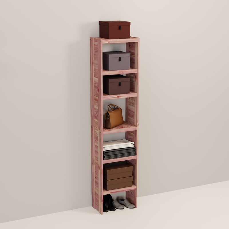 A tall wooden cedar cubby kit with multiple shelves, designed for closet organization.