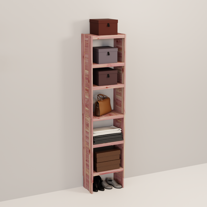 A tall wooden cedar cubby kit with multiple shelves, designed for closet organization.