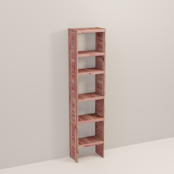 A tall wooden cedar cubby kit with multiple shelves, designed for closet organization.