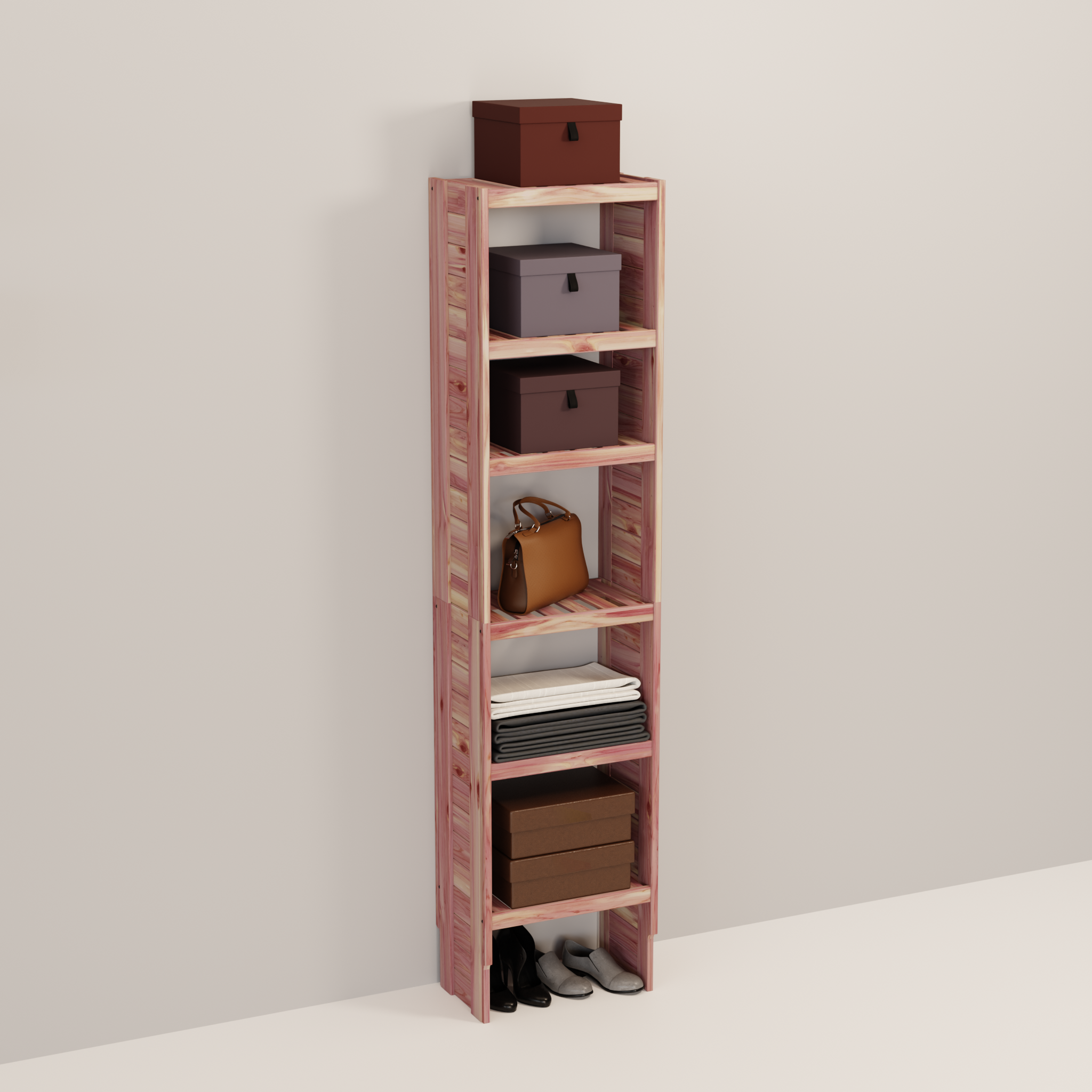 A tall wooden cedar cubby kit with multiple shelves, designed for closet organization.