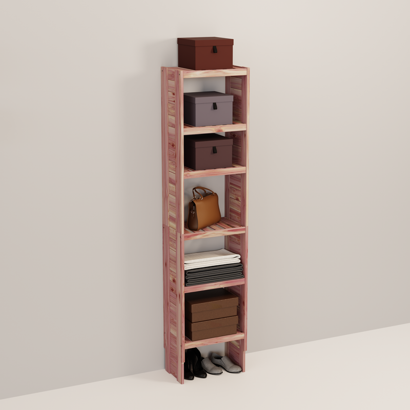 A tall wooden cedar cubby kit with multiple shelves, designed for closet organization.