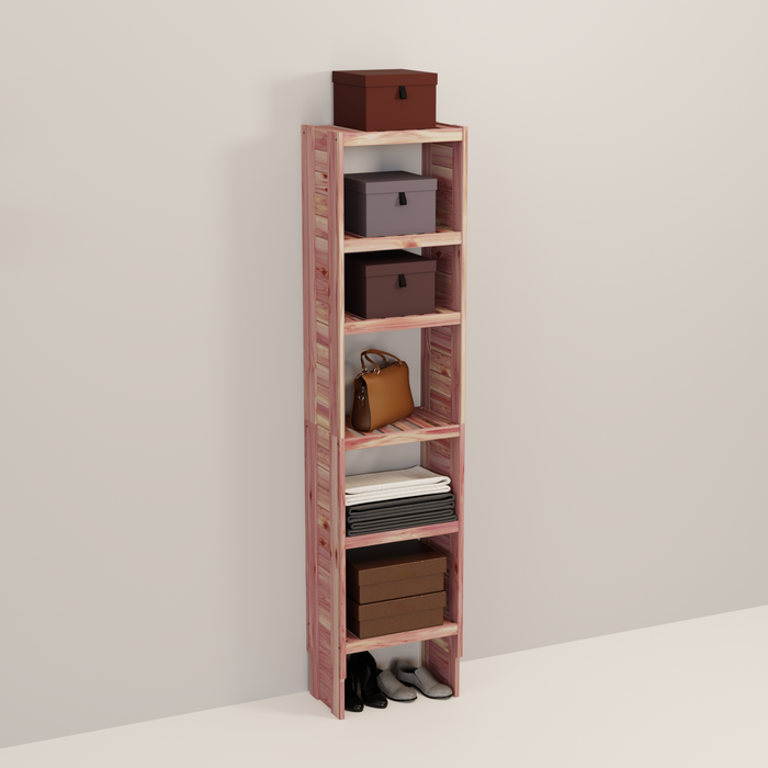 A tall wooden cedar cubby kit with multiple shelves, designed for closet organization.