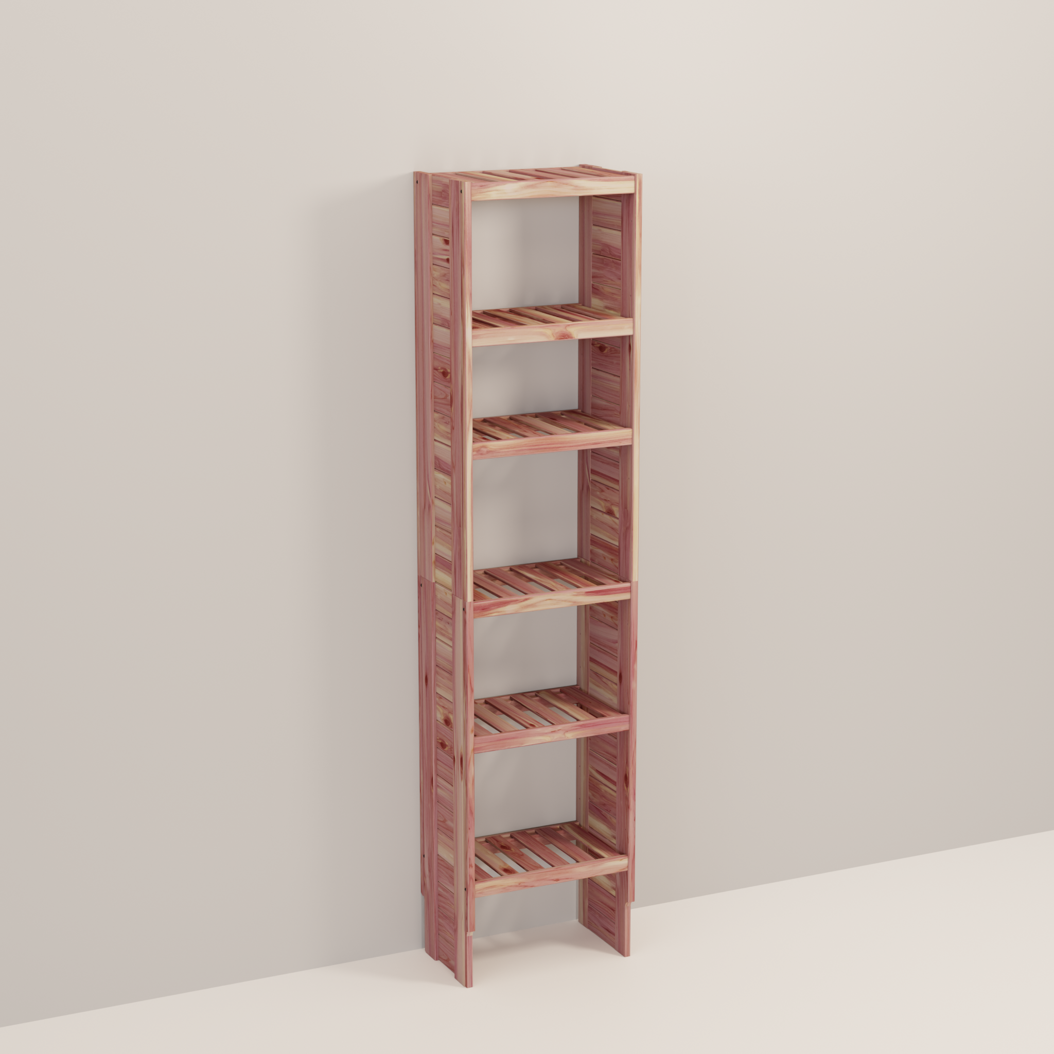 A tall wooden cedar cubby kit with multiple shelves, designed for closet organization.