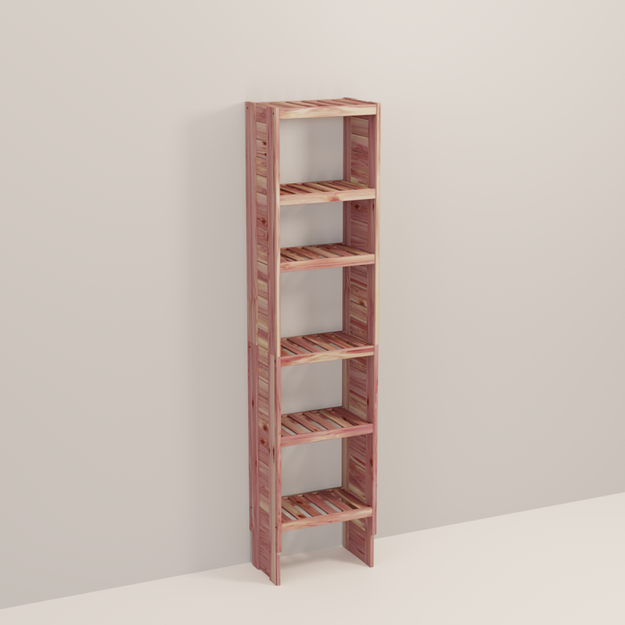 A tall wooden cedar cubby kit with multiple shelves, designed for closet organization.