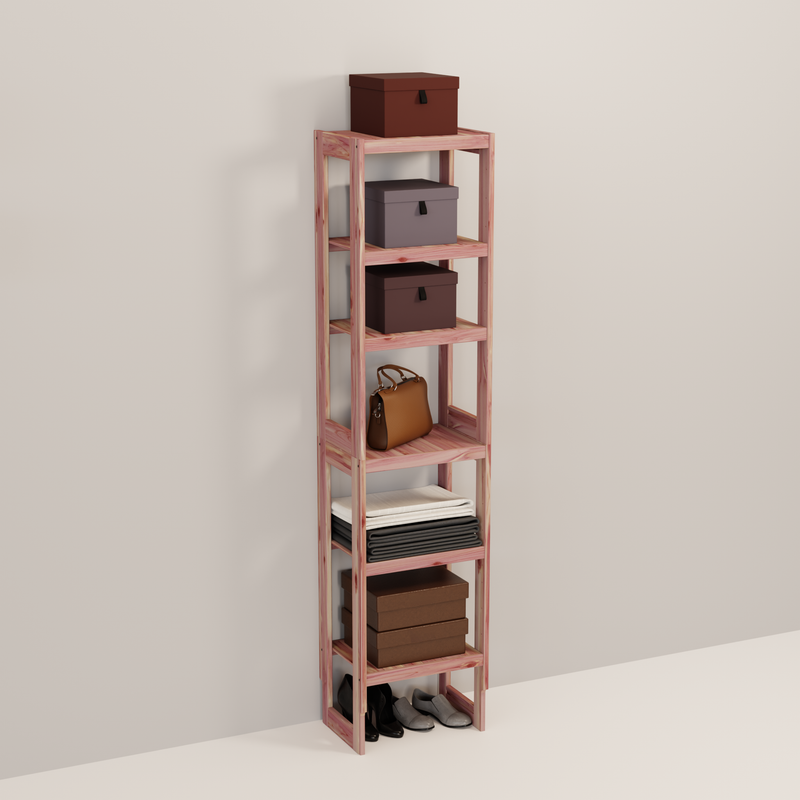 A tall wooden cedar cubby kit with multiple shelves, designed for closet organization.