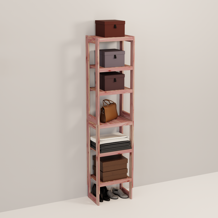 A tall wooden cedar cubby kit with multiple shelves, designed for closet organization.
