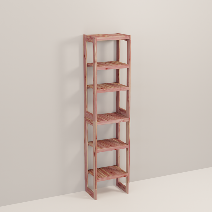 A tall wooden cedar cubby kit with multiple shelves, designed for closet organization.
