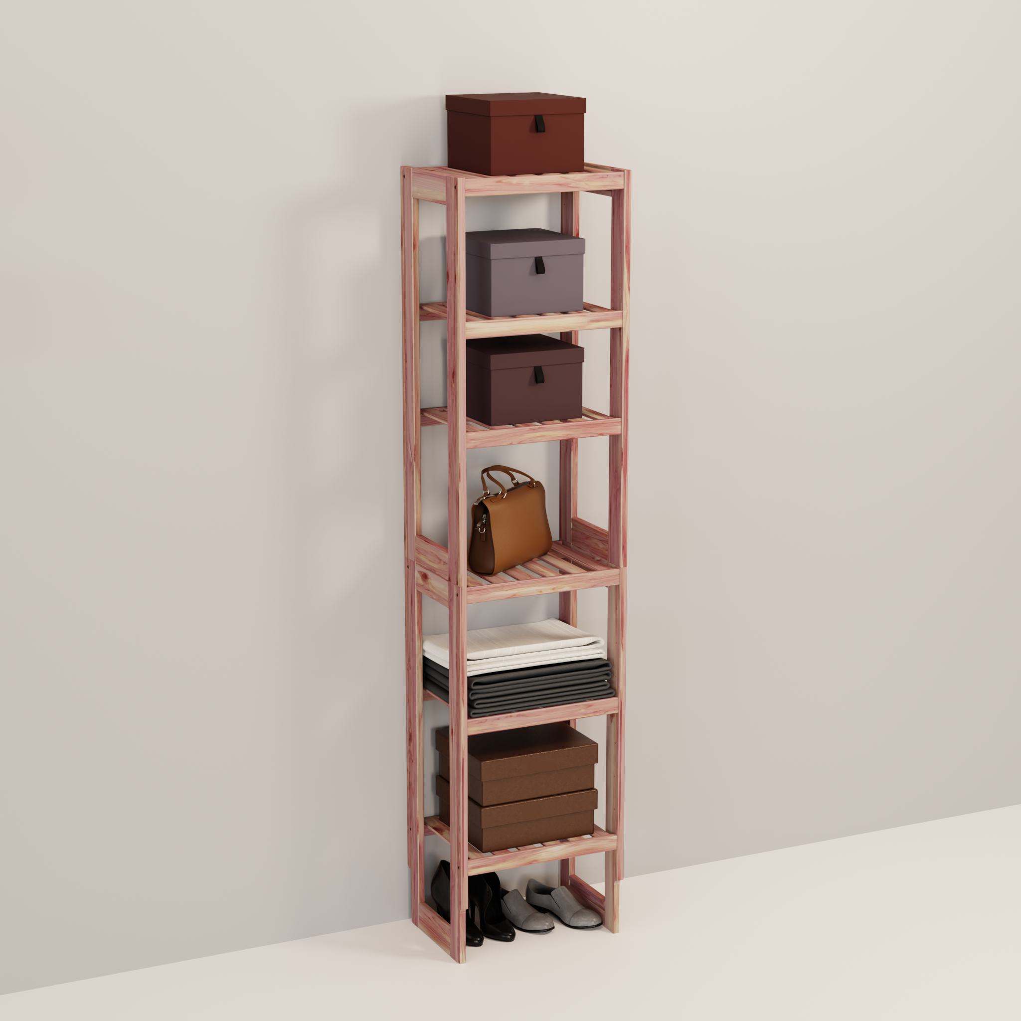 A tall wooden cedar cubby kit with multiple shelves, designed for closet organization.