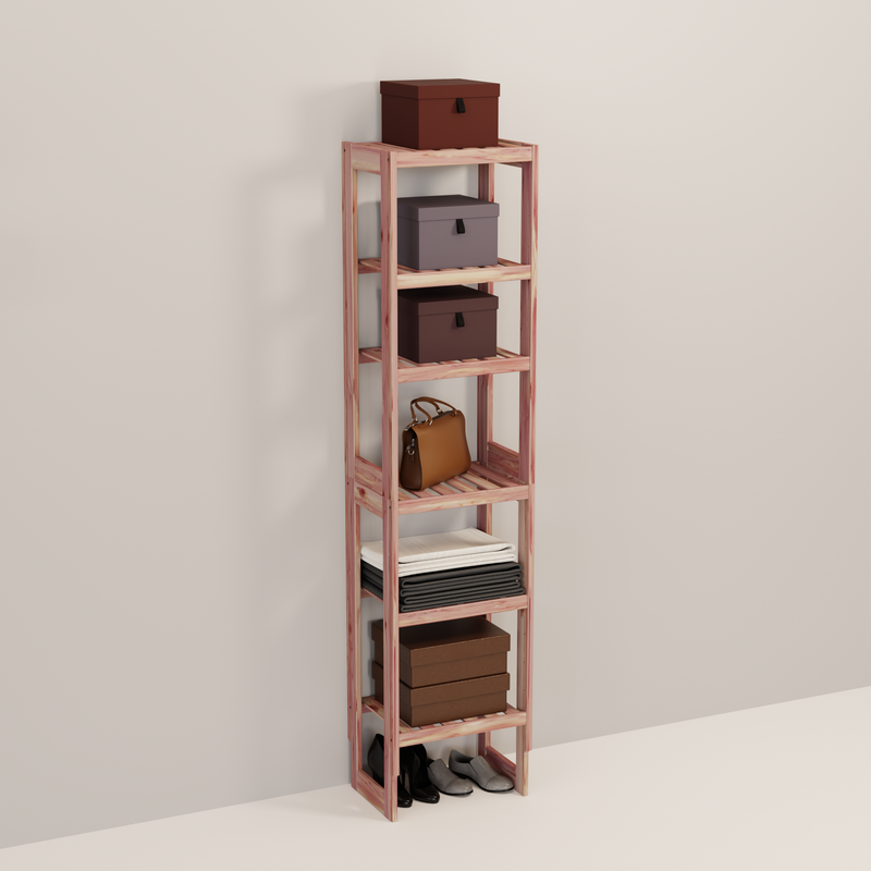 A tall wooden cedar cubby kit with multiple shelves, designed for closet organization.