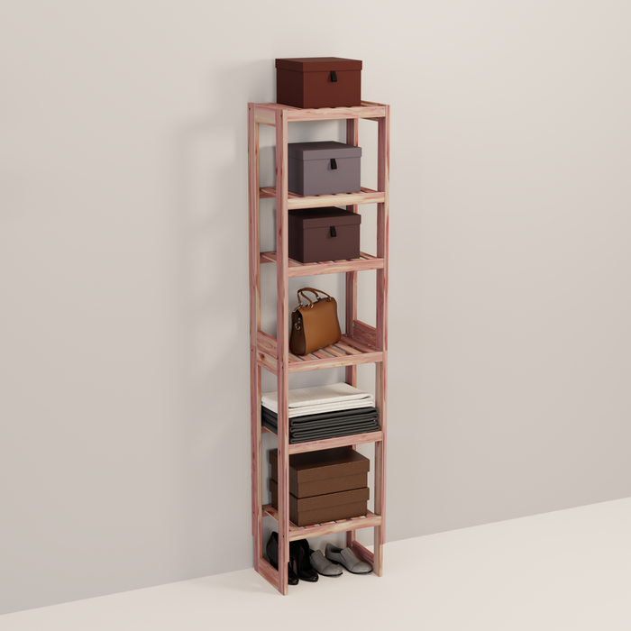 A tall wooden cedar cubby kit with multiple shelves, designed for closet organization.