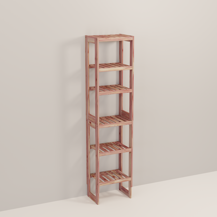 A tall wooden cedar cubby kit with multiple shelves, designed for closet organization.