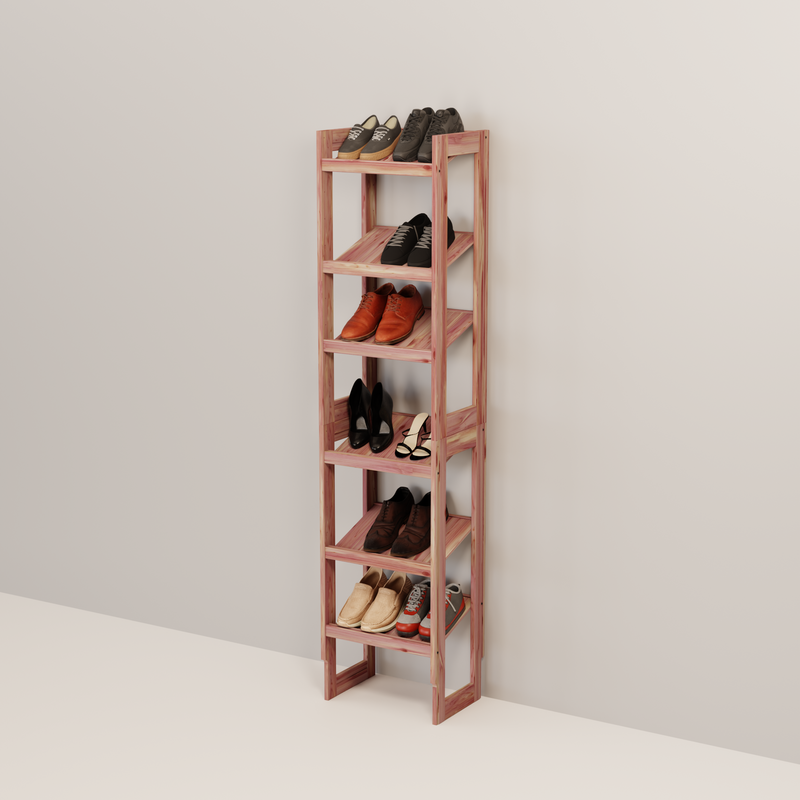 A free-standing aromatic red cedar shoe cubby with multiple shelves, flat-packed and ready for assembly.