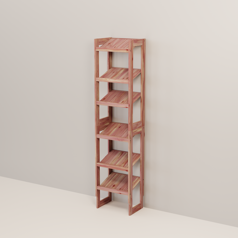 A free-standing aromatic red cedar shoe cubby with multiple shelves, flat-packed and ready for assembly.