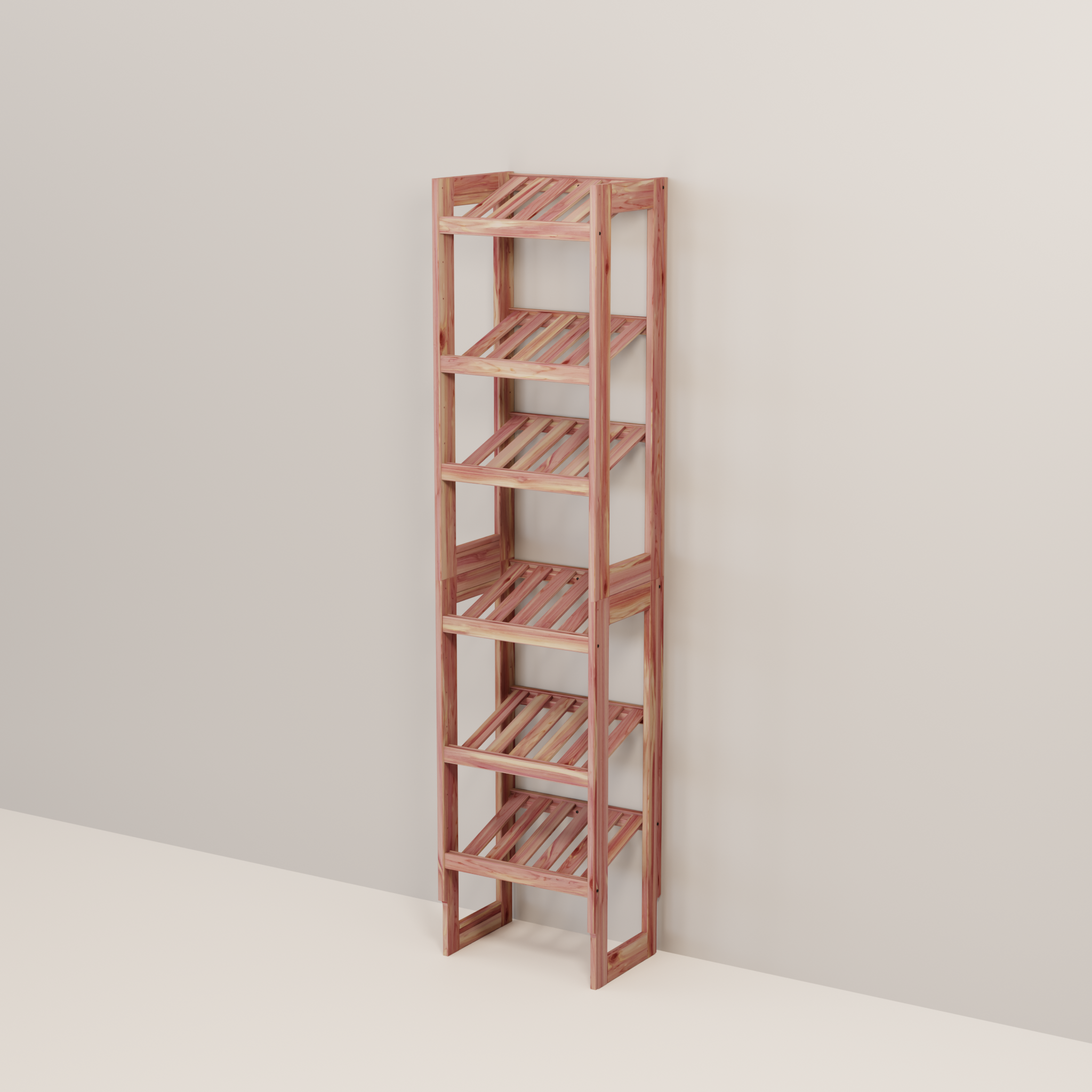 A free-standing aromatic red cedar shoe cubby with multiple vented shelves, flat-packed and ready for assembly.