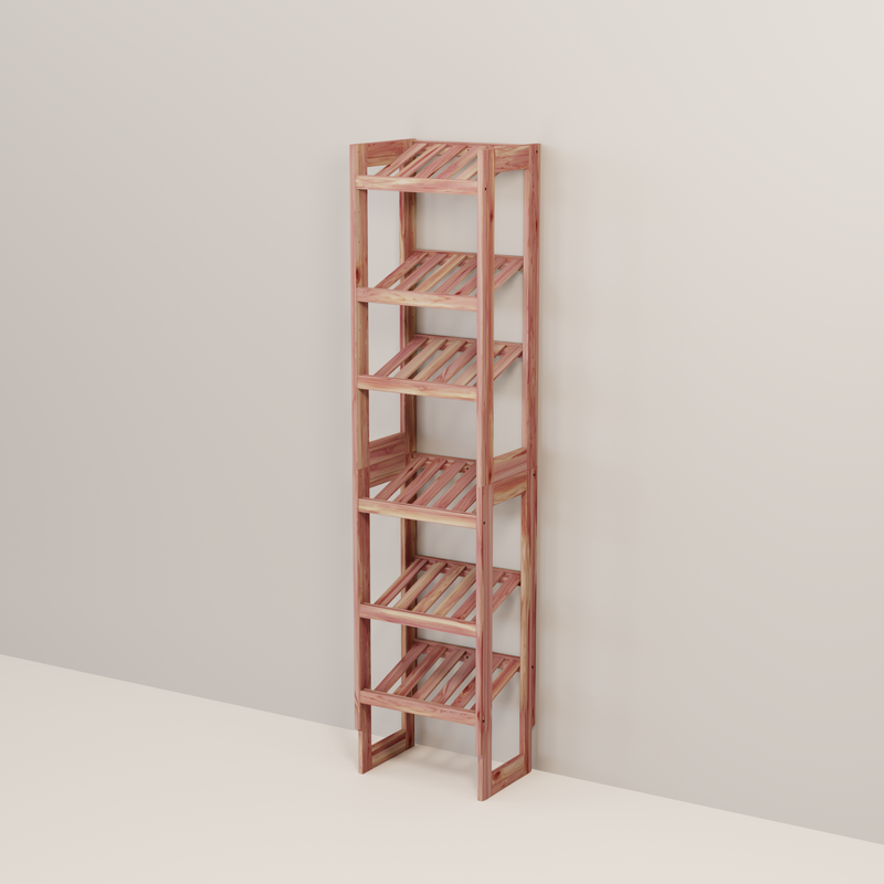 A free-standing aromatic red cedar shoe cubby with multiple vented shelves, flat-packed and ready for assembly.