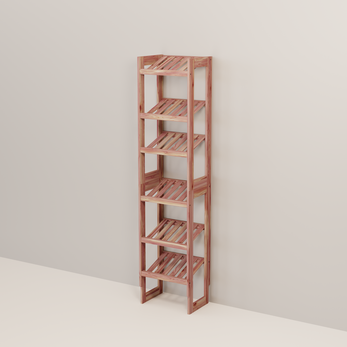 A free-standing aromatic red cedar shoe cubby with multiple vented shelves, flat-packed and ready for assembly.