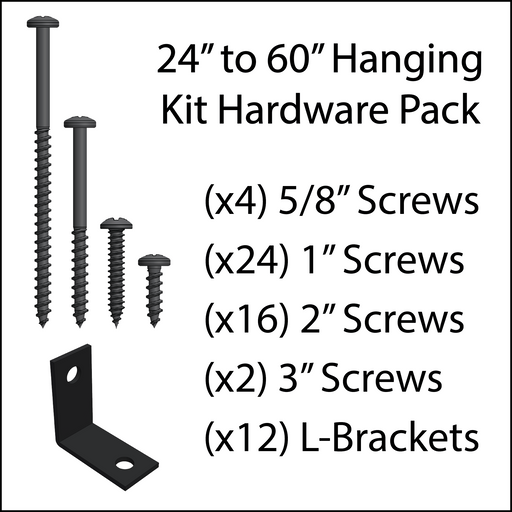 A hardware pack for a Hanging Kit, including screws, L-Brackets and shelf pegs.