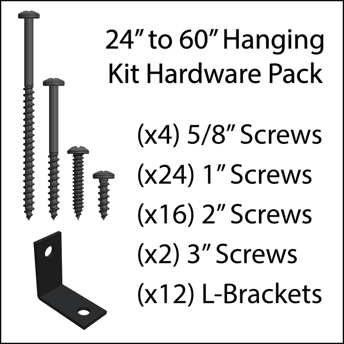 A hardware pack for a Hanging Kit, including screws, L-Brackets and shelf pegs.