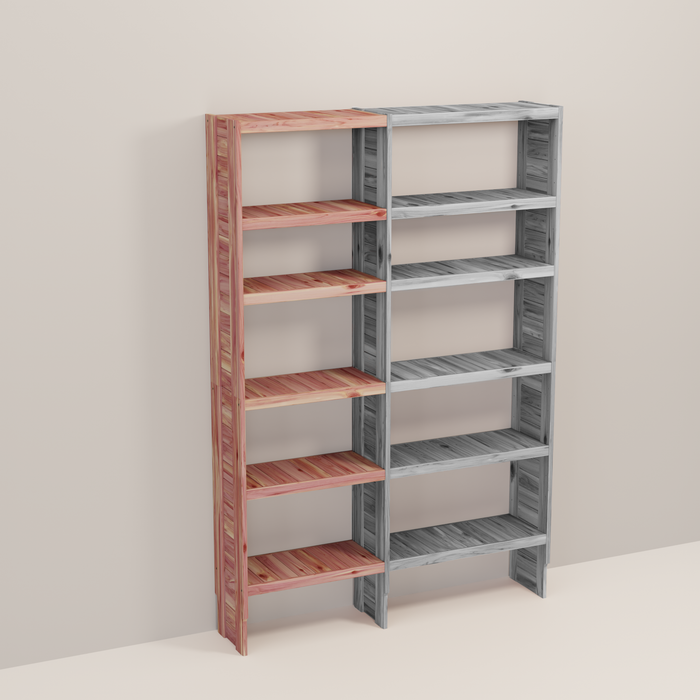 A wooden closet organizer add-on kit with multiple shelves, made from aromatic red cedar, with a natural finish.