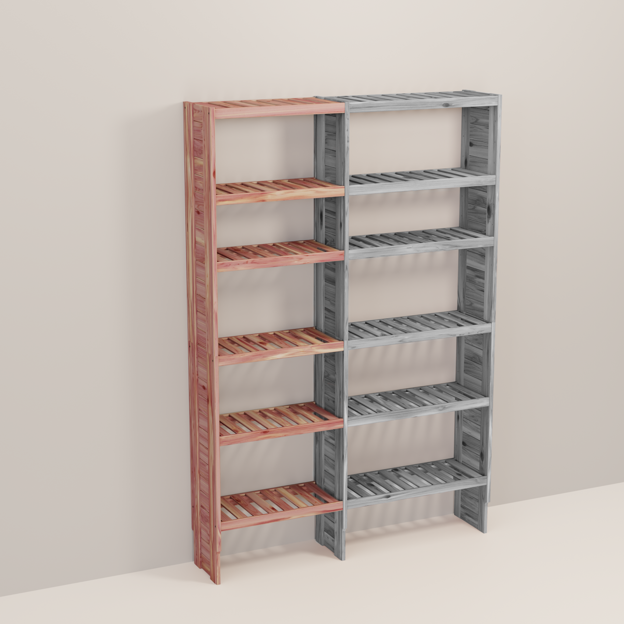 A wooden closet organizer add-on kit with multiple shelves, made from aromatic red cedar, with a natural finish.