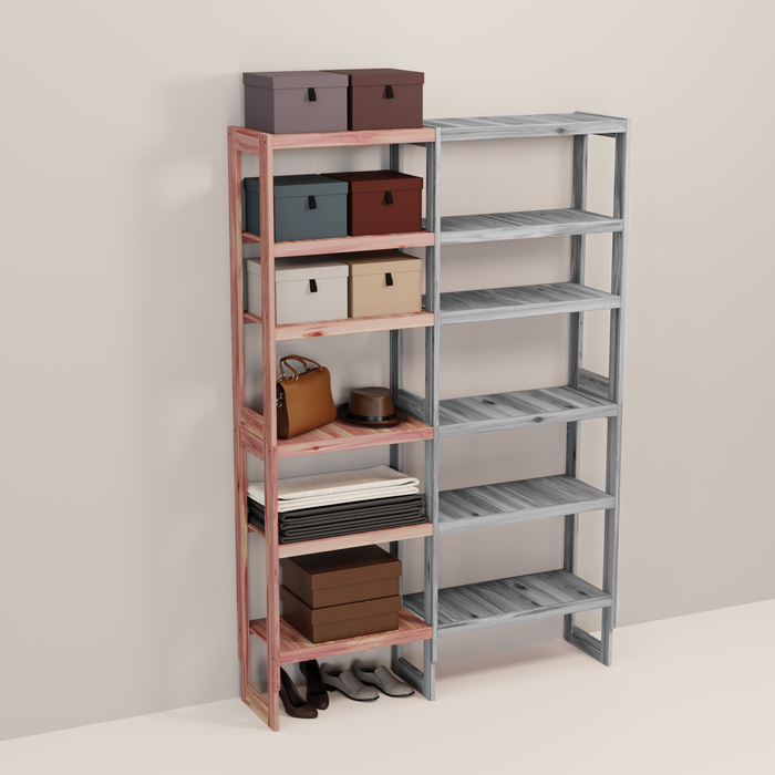 A wooden closet organizer add-on kit with multiple shelves, made from aromatic red cedar, with a natural finish.