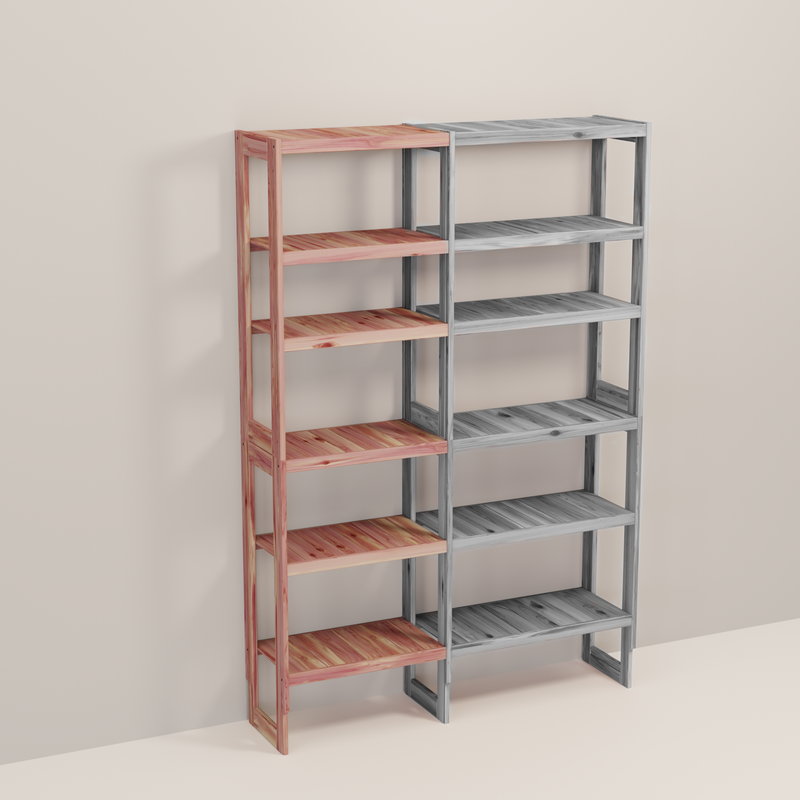 A wooden closet organizer add-on kit with multiple shelves, made from aromatic red cedar, with a natural finish.
