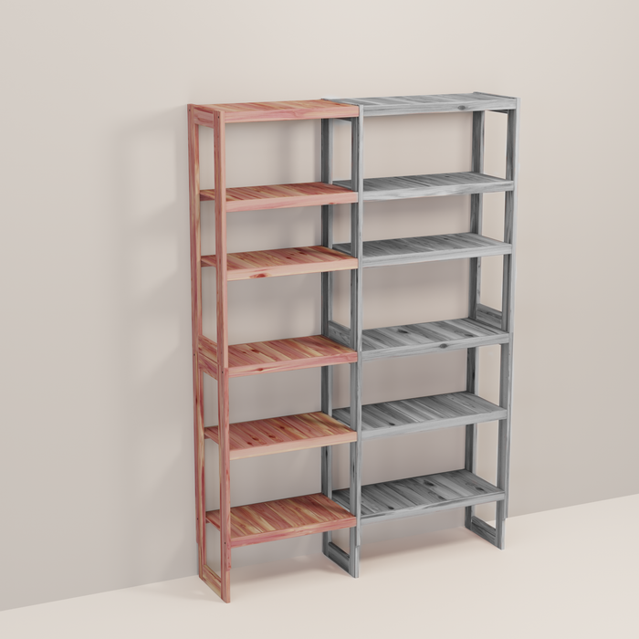 A wooden closet organizer add-on kit with multiple shelves, made from aromatic red cedar, with a natural finish.