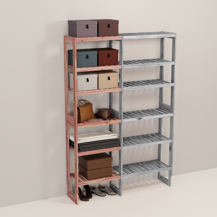 A wooden closet organizer add-on kit with multiple shelves, made from aromatic red cedar, with a natural finish.
