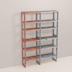 A wooden closet organizer add-on kit with multiple shelves, made from aromatic red cedar, with a natural finish.