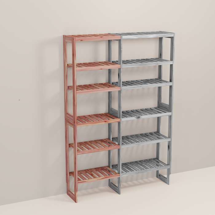 A wooden closet organizer add-on kit with multiple shelves, made from aromatic red cedar, with a natural finish.