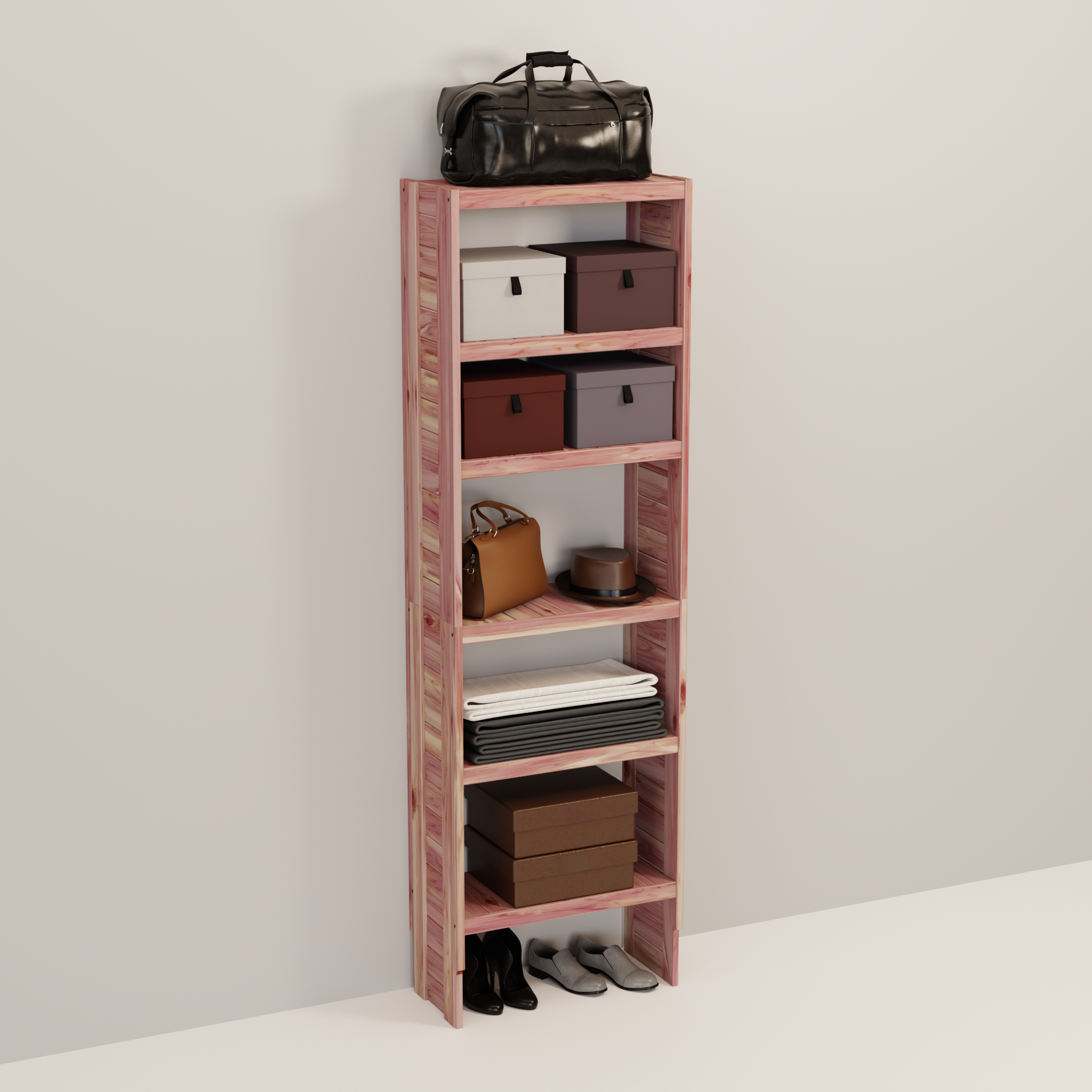 A tall wooden cedar cubby kit with multiple shelves, designed for closet organization.