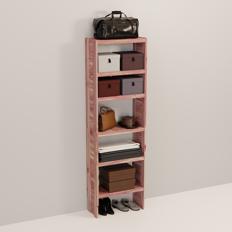 A tall wooden cedar cubby kit with multiple shelves, designed for closet organization.