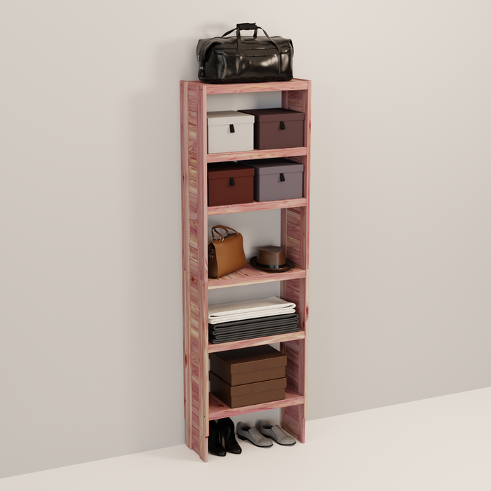 A tall wooden cedar cubby kit with multiple shelves, designed for closet organization.