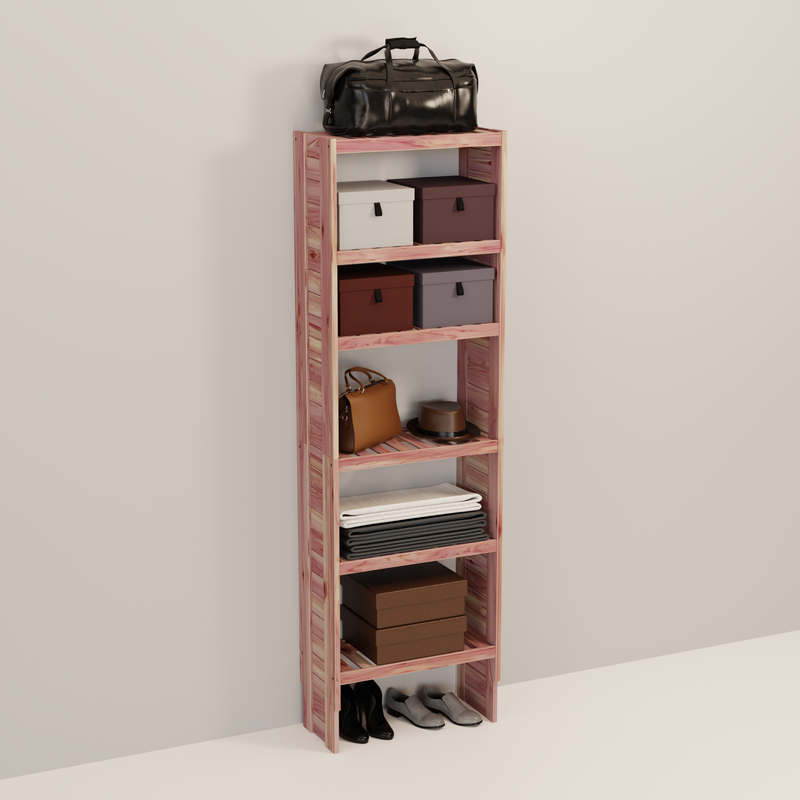 A tall wooden cedar cubby kit with multiple shelves, designed for closet organization.