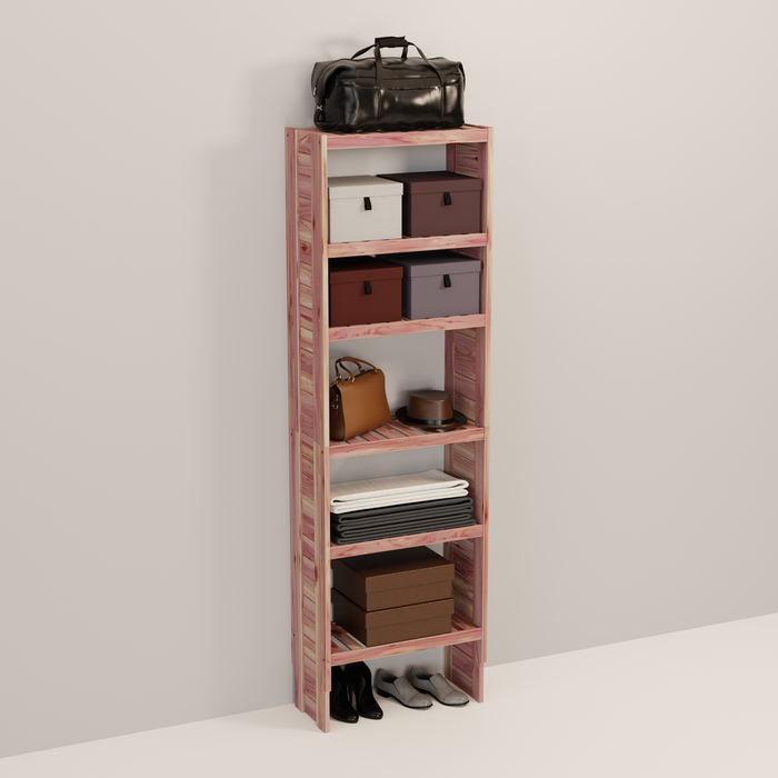A tall wooden cedar cubby kit with multiple shelves, designed for closet organization.