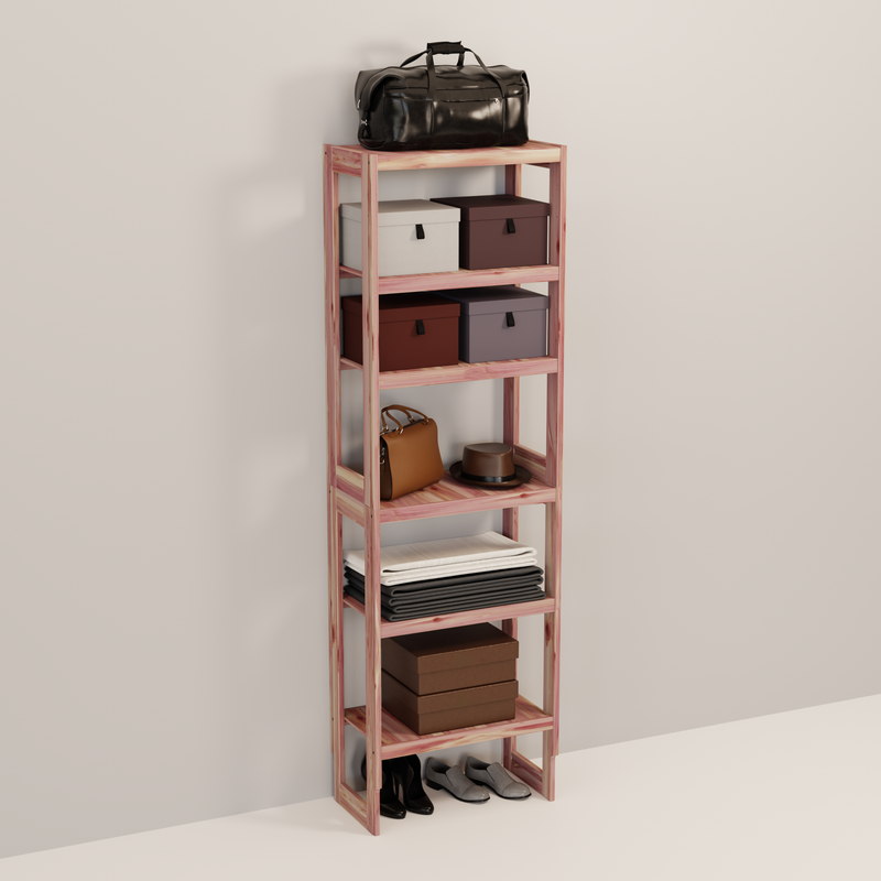 A tall wooden cedar cubby kit with multiple solid shelves, designed for closet organization.