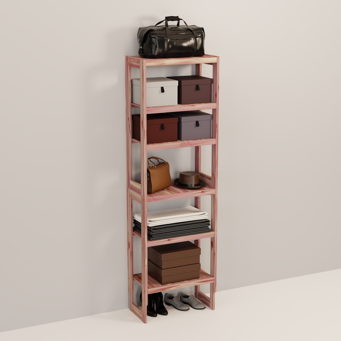 A tall wooden cedar cubby kit with multiple solid shelves, designed for closet organization.