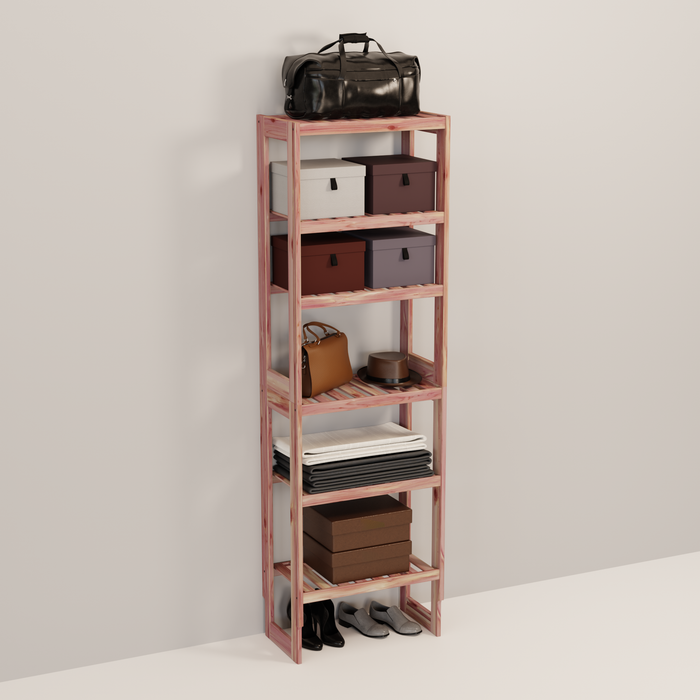 A tall wooden cedar cubby kit with multiple shelves, designed for closet organization.