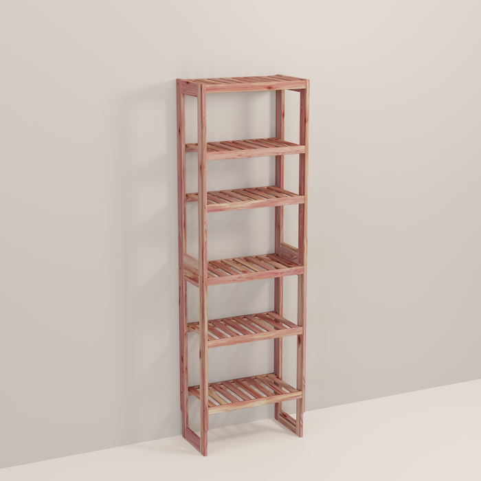 A tall wooden cedar cubby kit with multiple shelves, designed for closet organization.