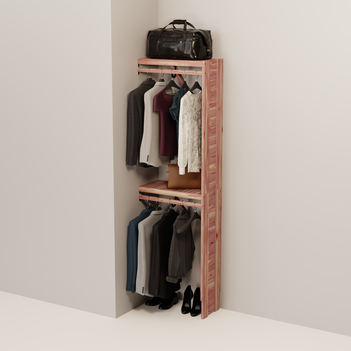 Organized closet featuring a double hanging kit with red cedar shelves, hanging rods, and J-hooks.