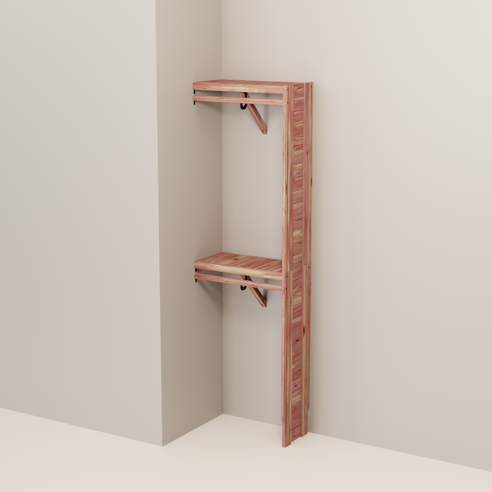 Organized closet featuring a double hanging kit with red cedar shelves, hanging rods, and J-hooks.