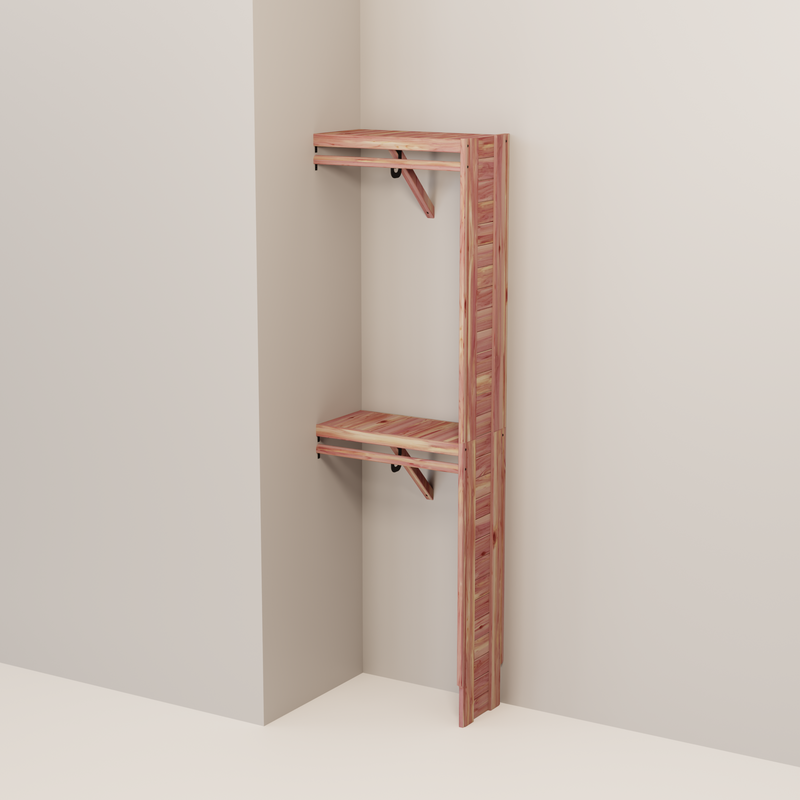 Organized closet featuring a double hanging kit with red cedar shelves, hanging rods, and J-hooks.